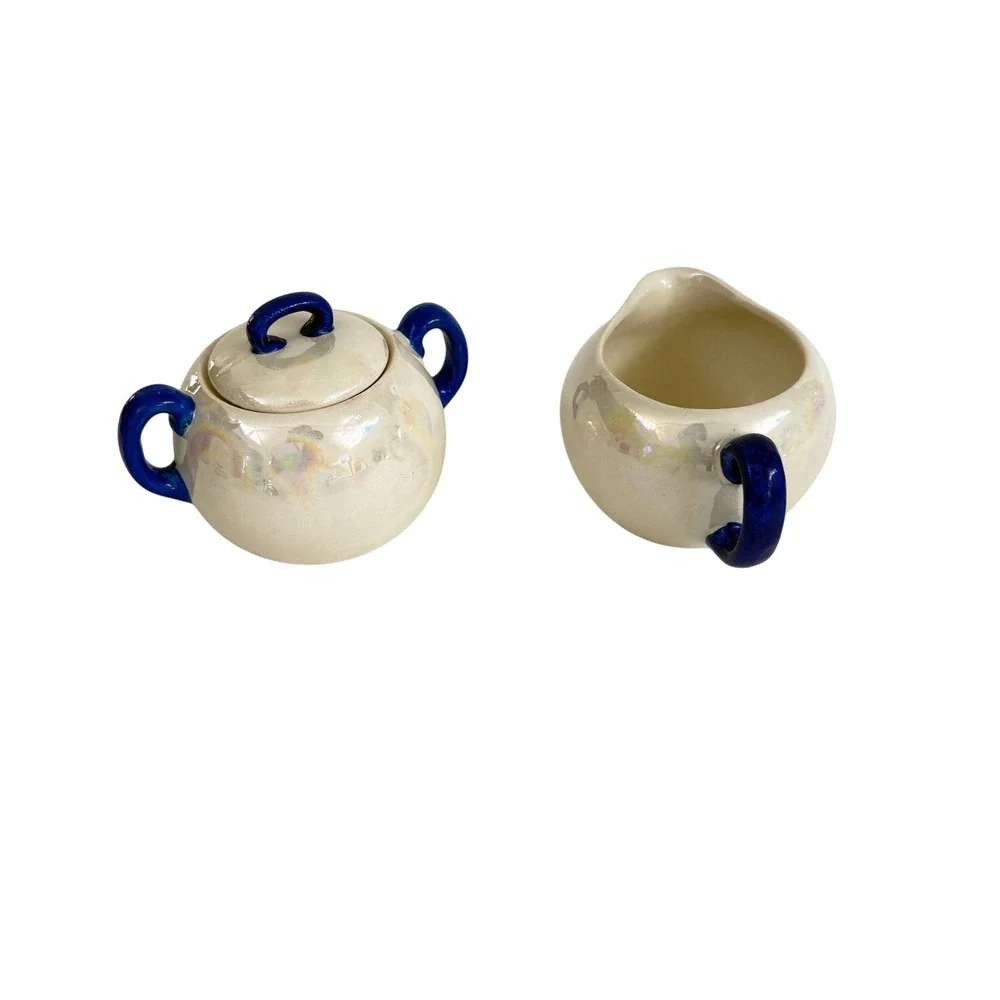 Vintage Czechoslovakia Lusterware Sugar Bowl Creamer Set Cobalt Blue Handles